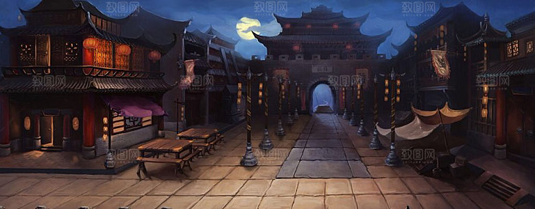 中国风国潮中式古风场景华灯繁华夜市背景