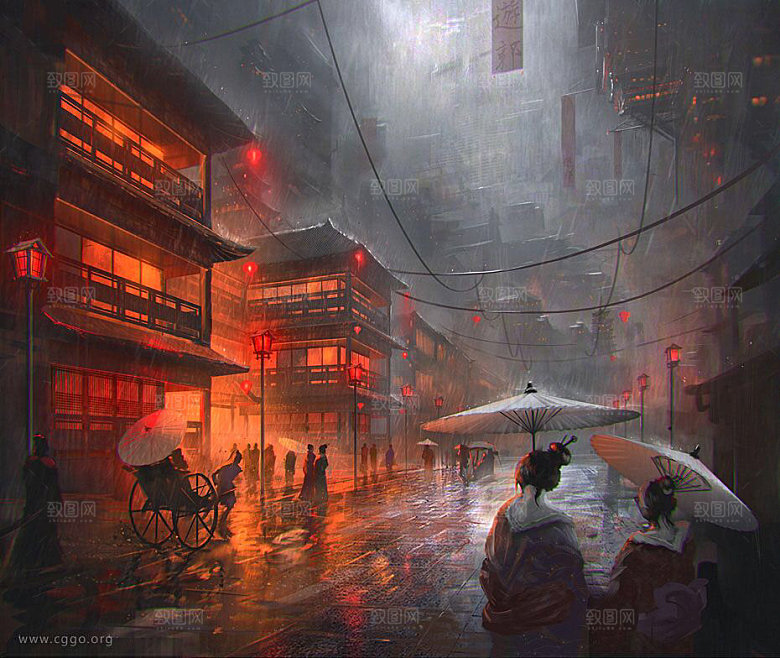 中国风国潮中式古风场景华灯繁华夜市背景