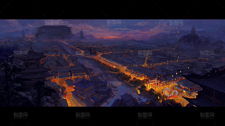 中国风国潮中式古风场景华灯繁华夜市背景