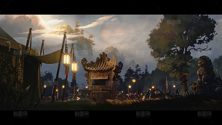 中国风国潮中式古风场景华灯繁华夜市背景