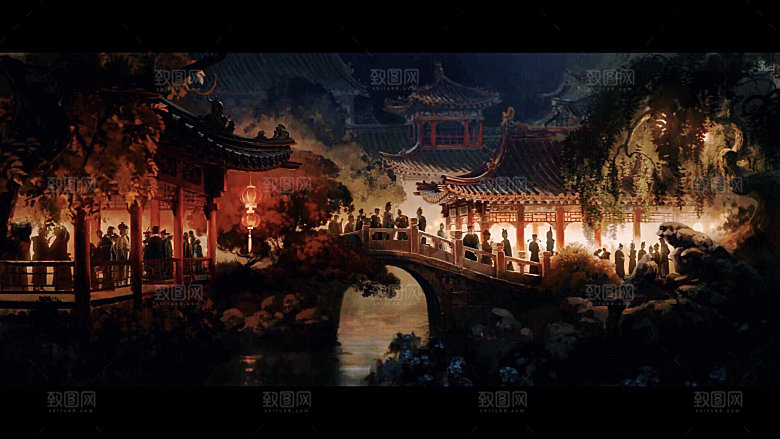 中国风国潮中式古风场景华灯繁华夜市背景
