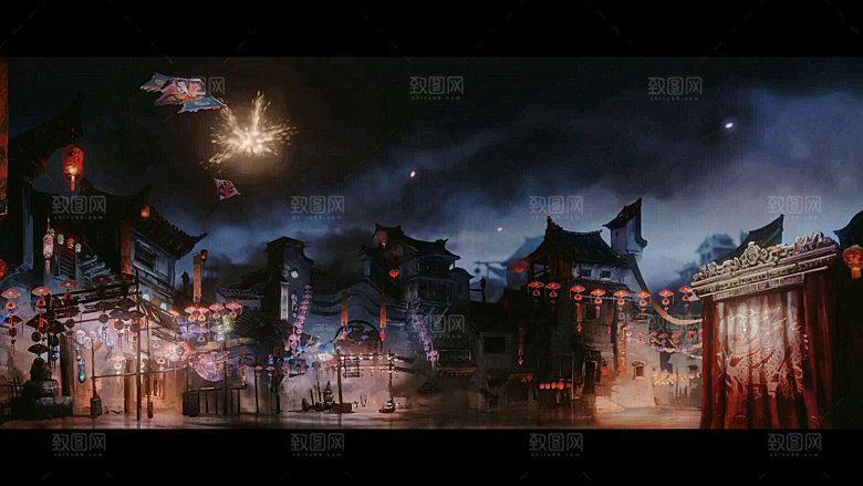 中国风国潮中式古风场景华灯繁华夜市背景