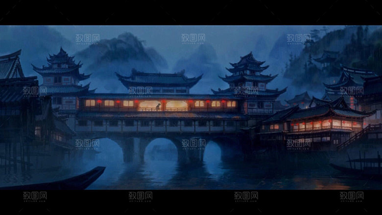 中国风国潮中式古风场景华灯繁华夜市背景