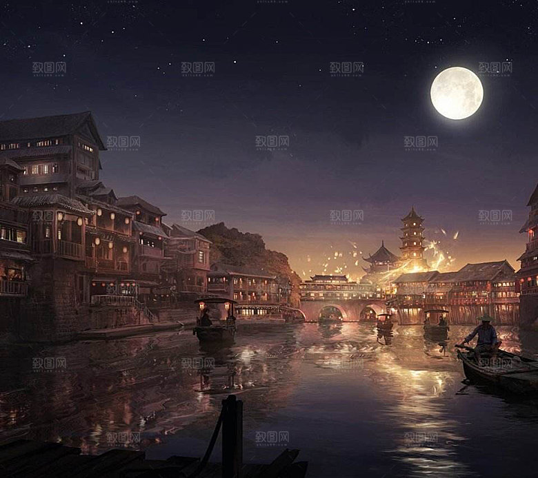 中国风国潮中式古风场景华灯繁华夜市背景