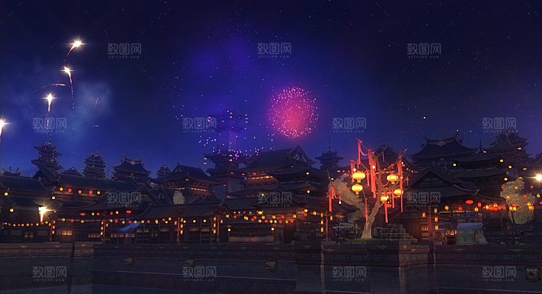 中国风国潮中式古风场景华灯繁华夜市背景