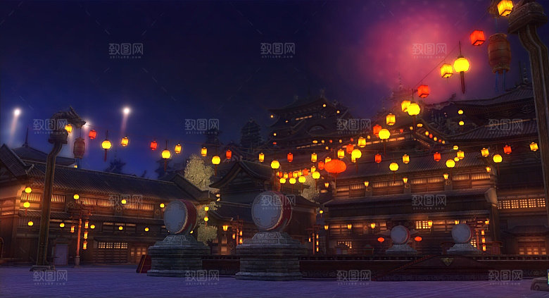 中国风国潮中式古风场景华灯繁华夜市背景