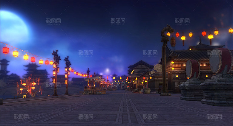中国风国潮中式古风场景华灯繁华夜市背景