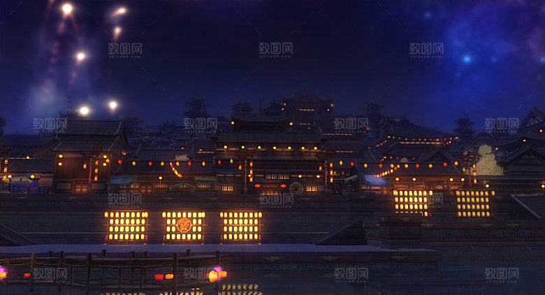 中国风国潮中式古风场景华灯繁华夜市背景