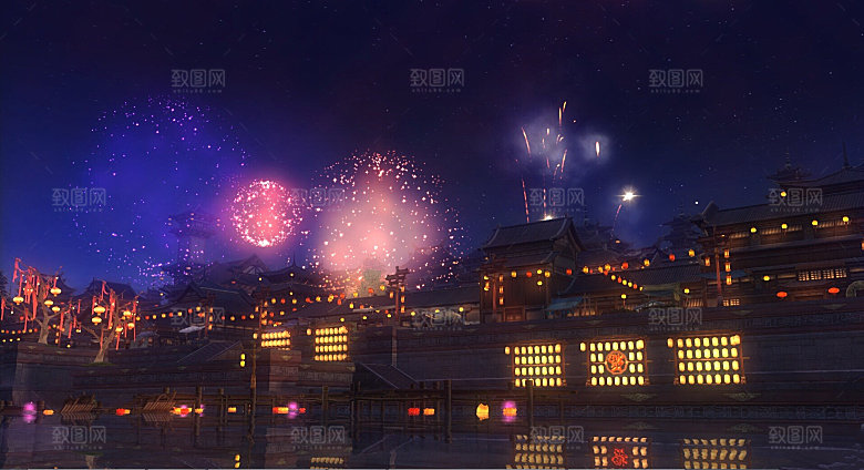 中国风国潮中式古风场景华灯繁华夜市背景