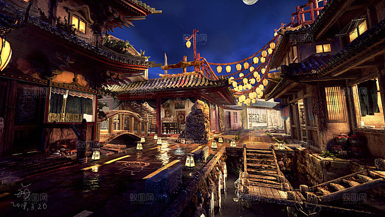中国风国潮中式古风场景华灯繁华夜市背景