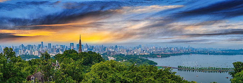 自然风光茶园湖泊城市建筑风景
