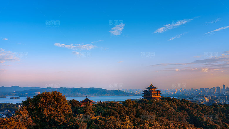 自然风光茶园湖泊城市建筑风景