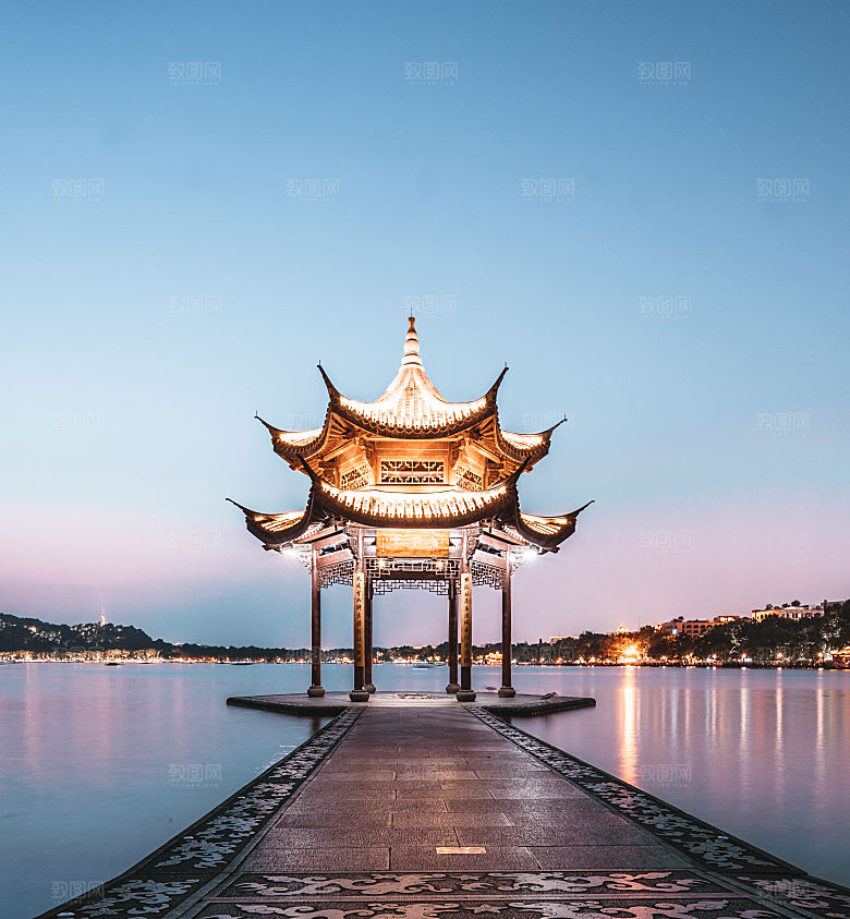 自然风光茶园湖泊建筑风景