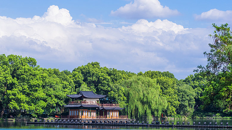 自然风光茶园湖泊建筑风景