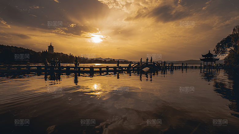 自然风光茶园湖泊建筑风景