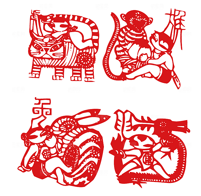 十二生肖红色喜庆节日剪纸矢量元素