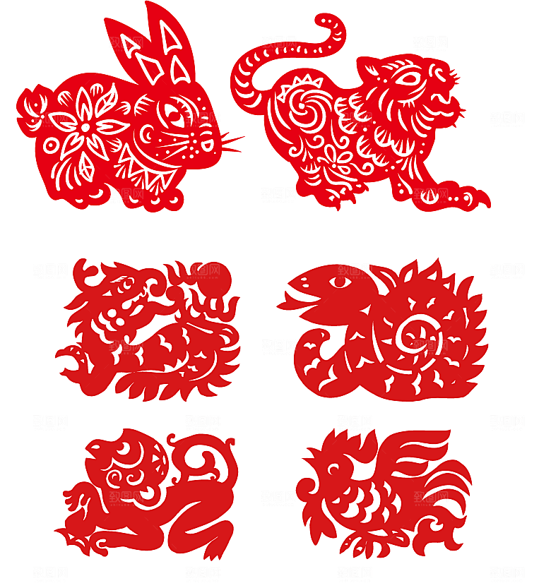 生肖剪纸春花矢量元素
