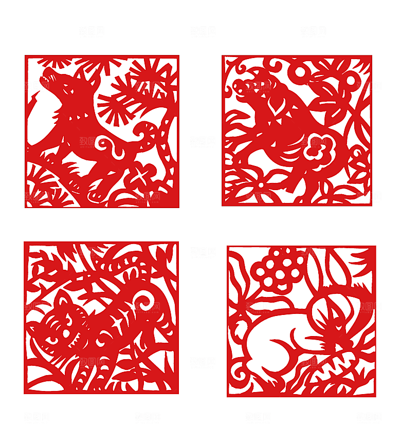 生肖剪纸春花矢量元素