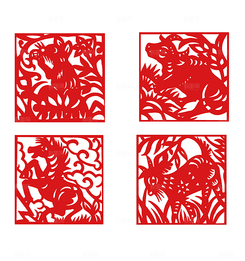 生肖剪纸春花矢量元素