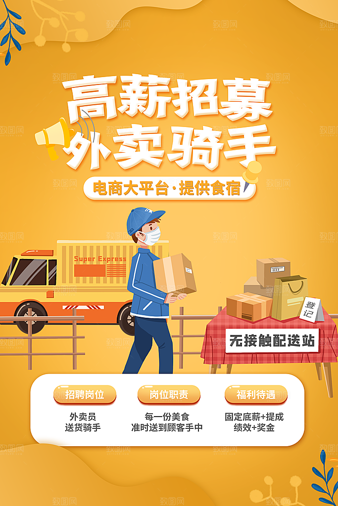 创意外卖快递订餐外送骑手招聘海报