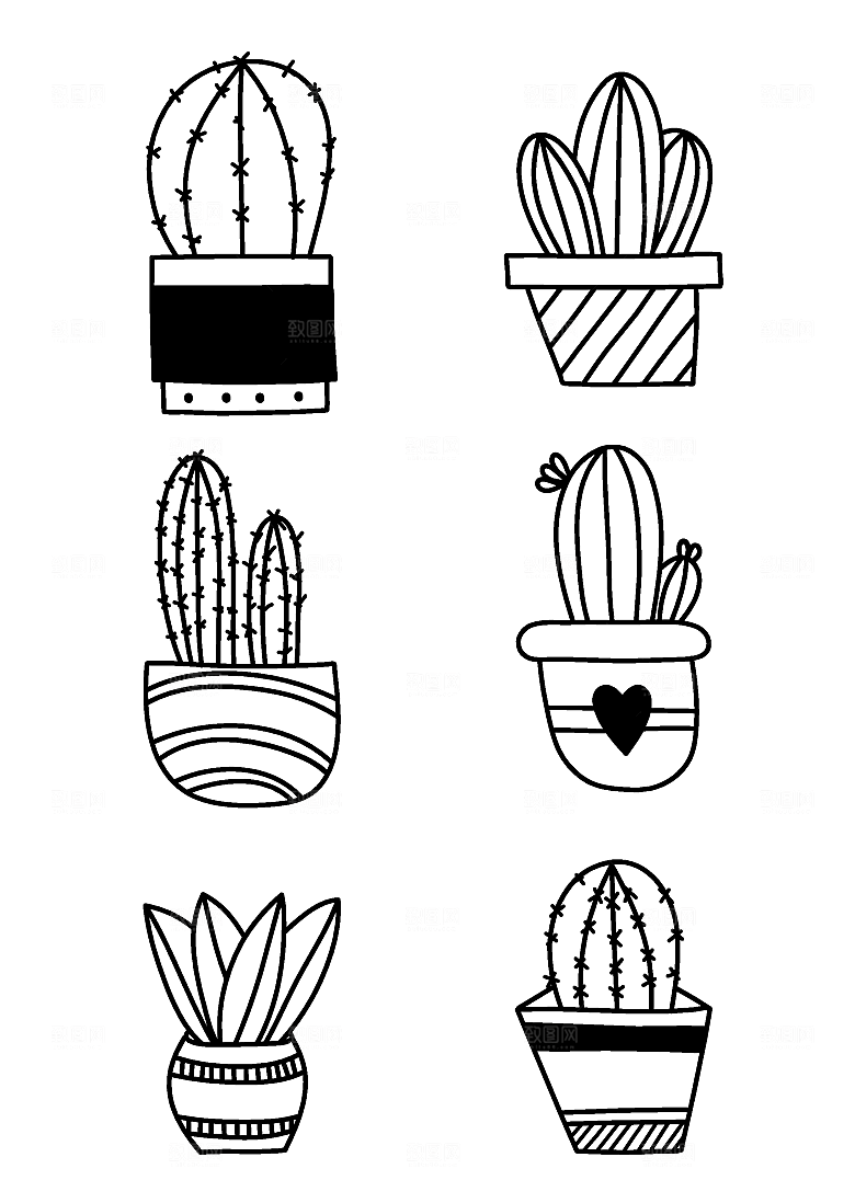 线描仙人掌盆栽矢量元素