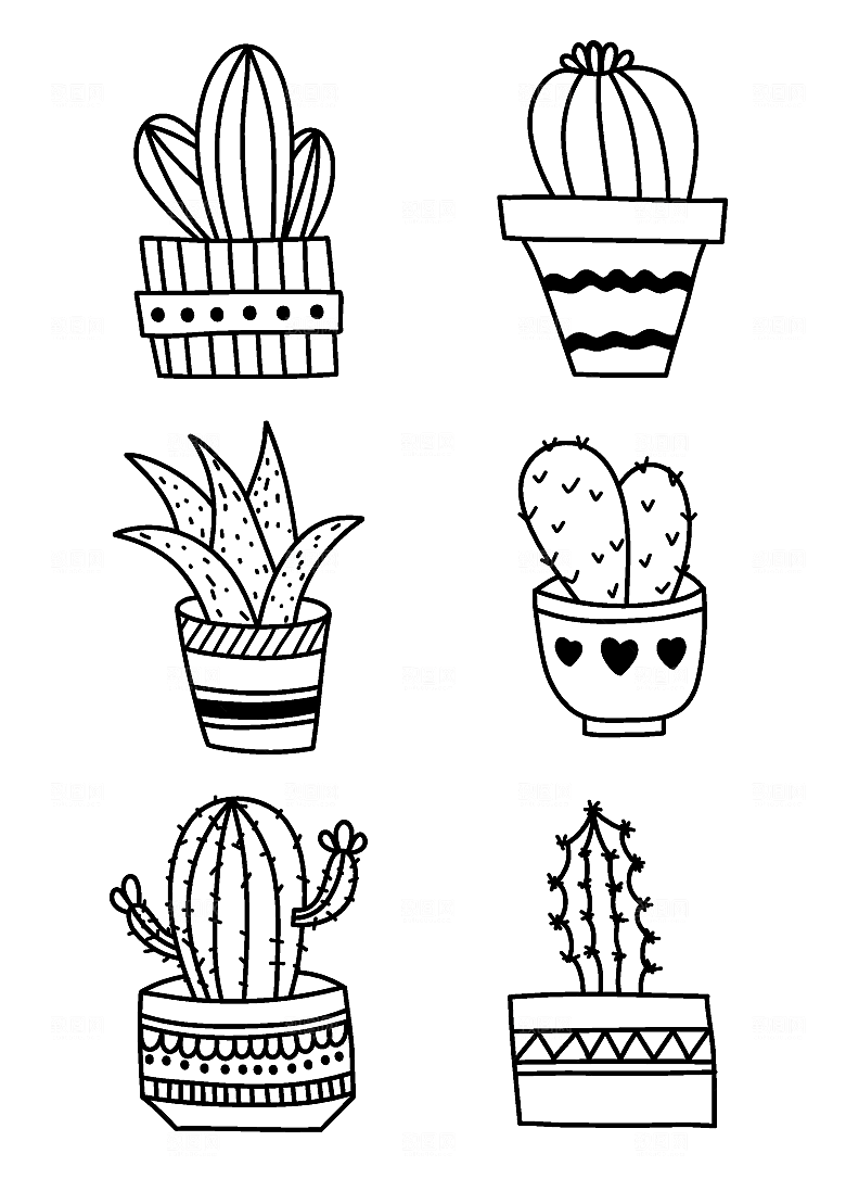 线描仙人掌盆栽矢量元素