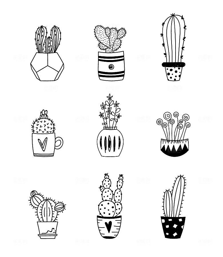 素描线描盆栽绿植矢量元素