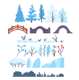 冬季树木草丛与桥矢量元素