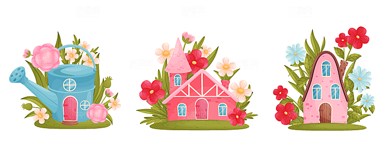 手绘涂鸦鲜花房屋矢量元素