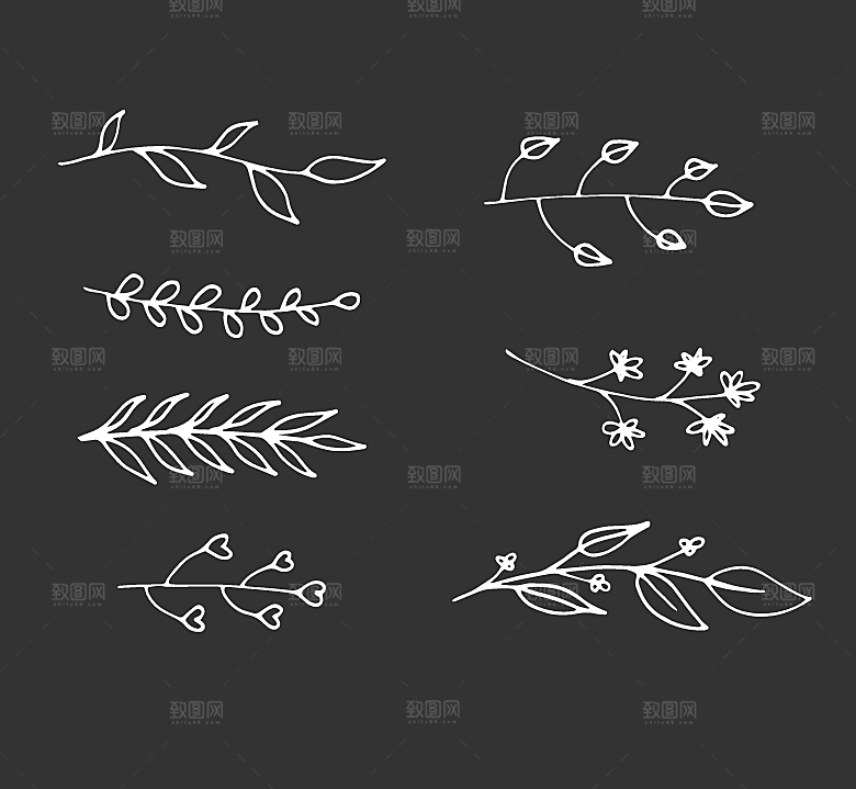 花卉树叶线描风格矢量元素