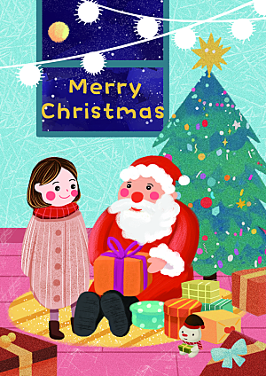 圣诞节礼物插画老人圣诞树雪人袜子