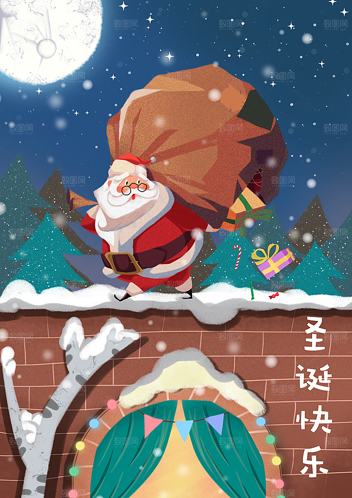 圣诞节插画礼物老人圣诞树雪人袜子