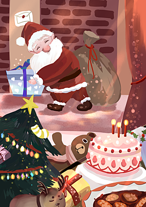 圣诞节插画礼物老人圣诞树雪人袜子