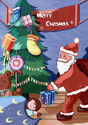 圣诞节老人快乐礼物插画袜子圣诞树