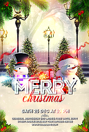 英文圣诞节快乐礼物圣诞树老人袜子雪人海报