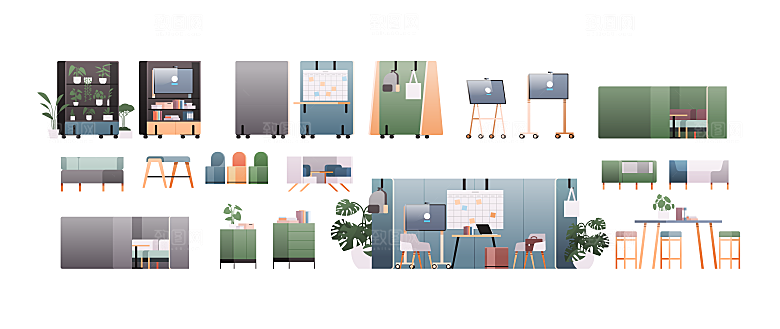卡通手绘室内空间场景插画背景素材