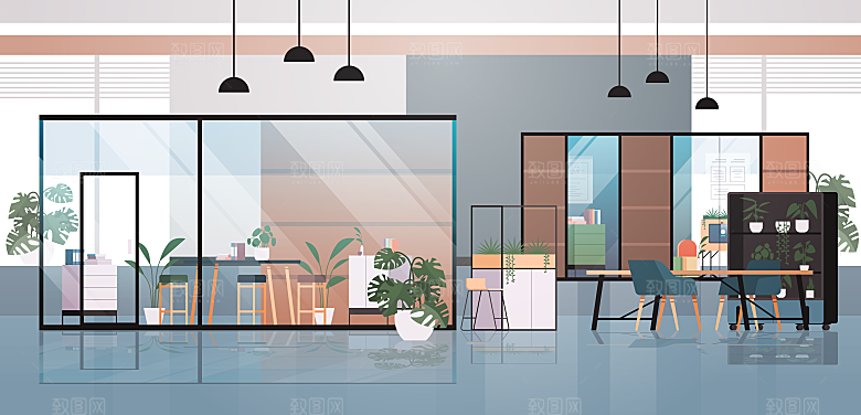 卡通手绘室内空间场景插画背景素材
