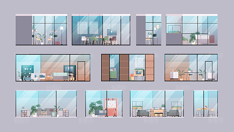 卡通手绘室内空间场景插画背景素材