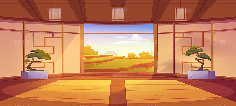 卡通手绘室内空间场景插画背景素材