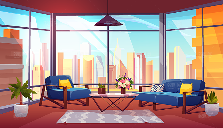 卡通手绘室内空间场景插画背景素材