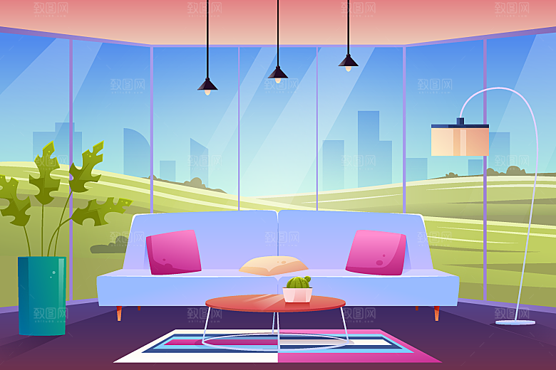 卡通手绘室内空间场景插画背景素材