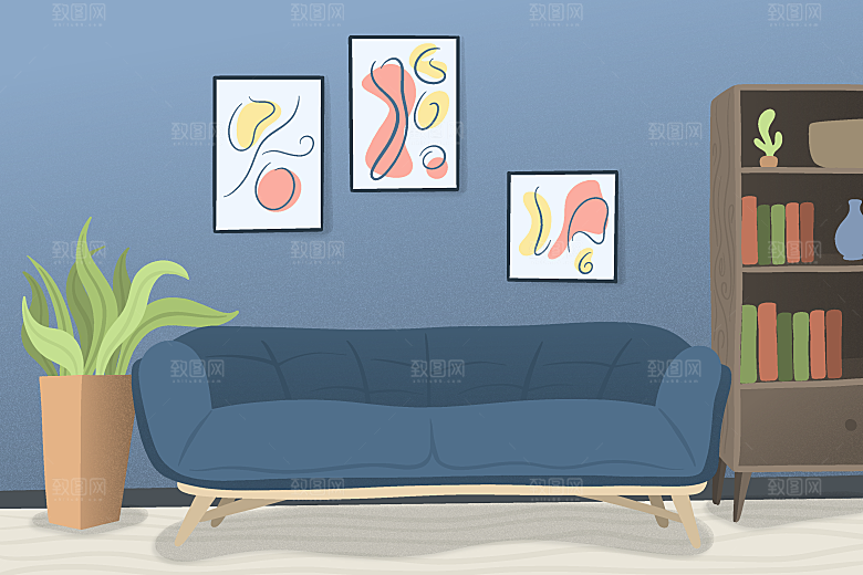 卡通手绘室内空间场景插画背景素材