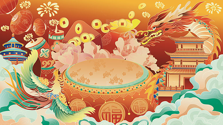 2024龙年插画年会展板企业签到处背景墙