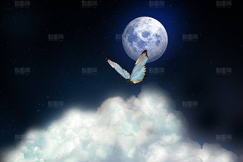 蓝色星空月亮蝴蝶图片