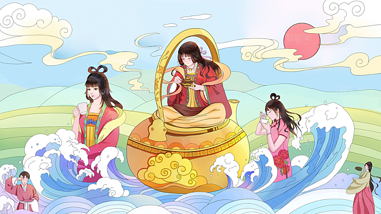 国潮风茶道茶叶文化插画海报