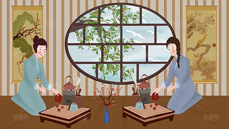国潮风茶道茶叶文化插画海报
