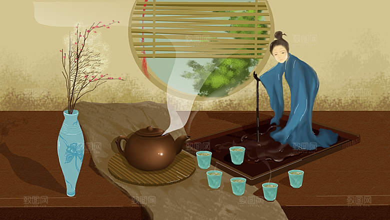 国潮风茶道茶叶文化插画海报