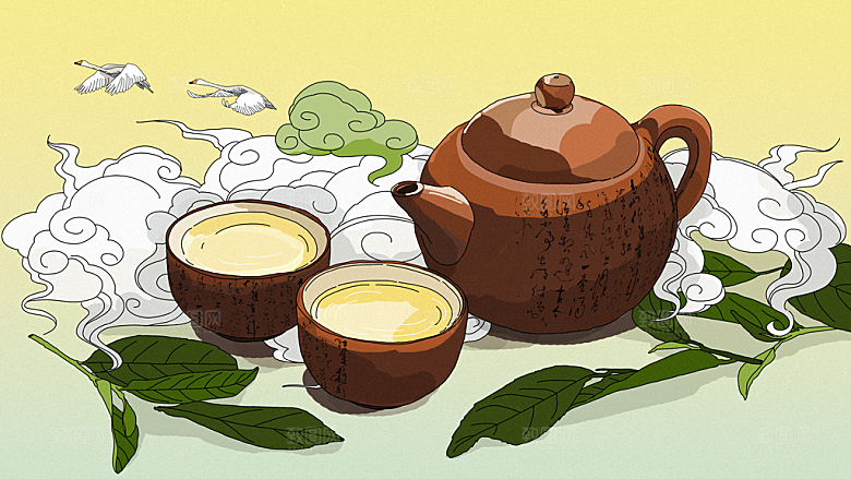 国潮风茶道茶叶文化插画海报
