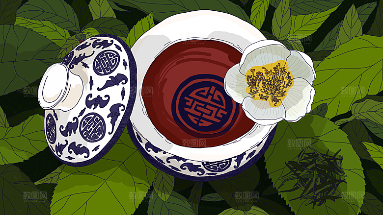 国潮风茶道茶叶文化插画海报