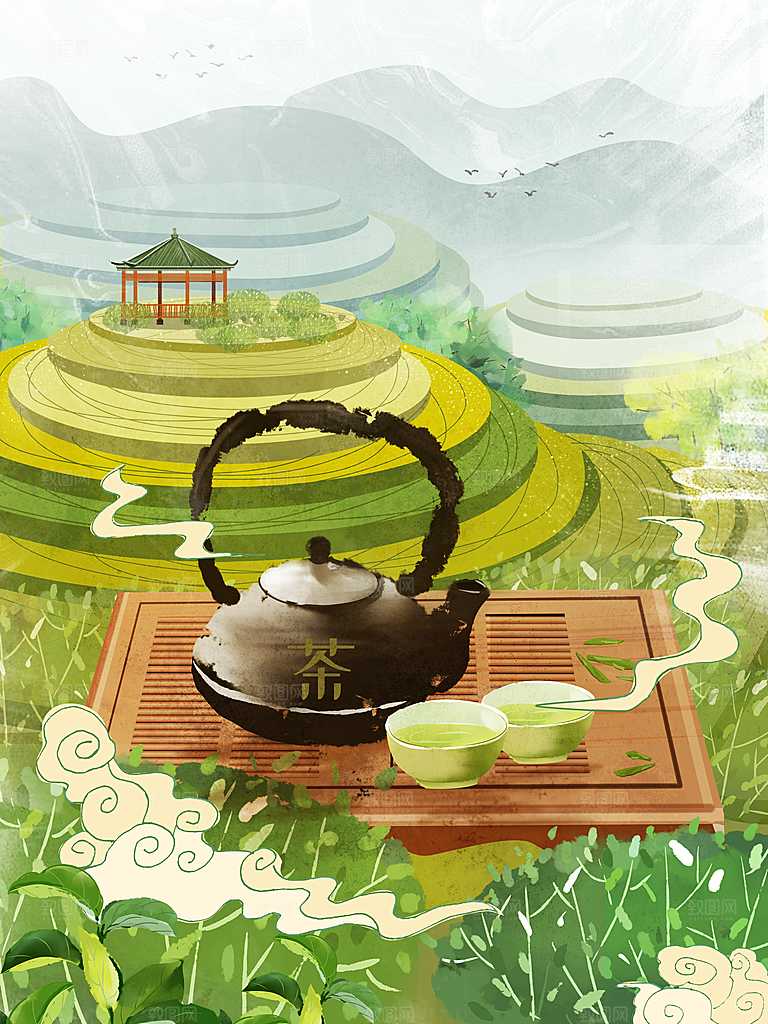 国潮风茶道茶叶文化插画海报
